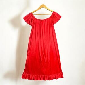 Vintage Red Nylon Nightgown Lace Ruffle Floral Embossed Flutter Sleeve Valentine